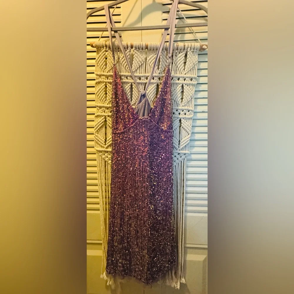 FREE PEOPLE Intimately Gold Rush Sequined Mini Dress in Purple Sz Small - Picture 4 of 11